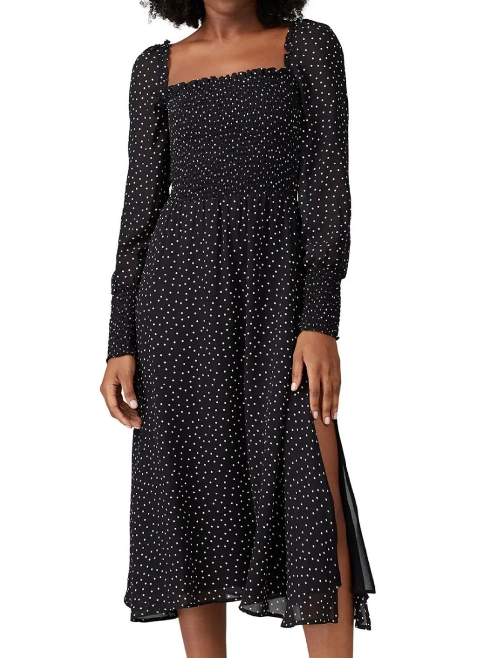 Reformation Rowan Midi Dress Polka Dot Smocked Bodice Long Sleeve Side Slit